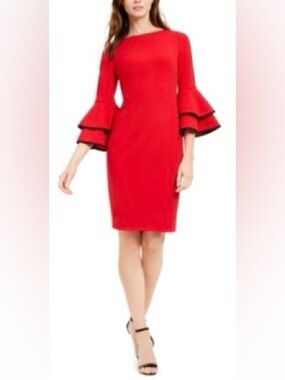 Calvin Klein Size 2 Red Bell Sleeve Above The Knee Sheath Evening Dress